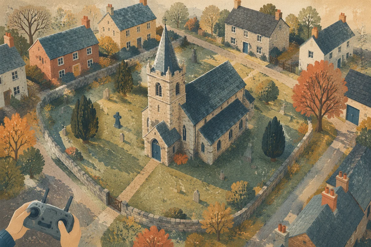 Aerial Drone View of Historic Stone Church
