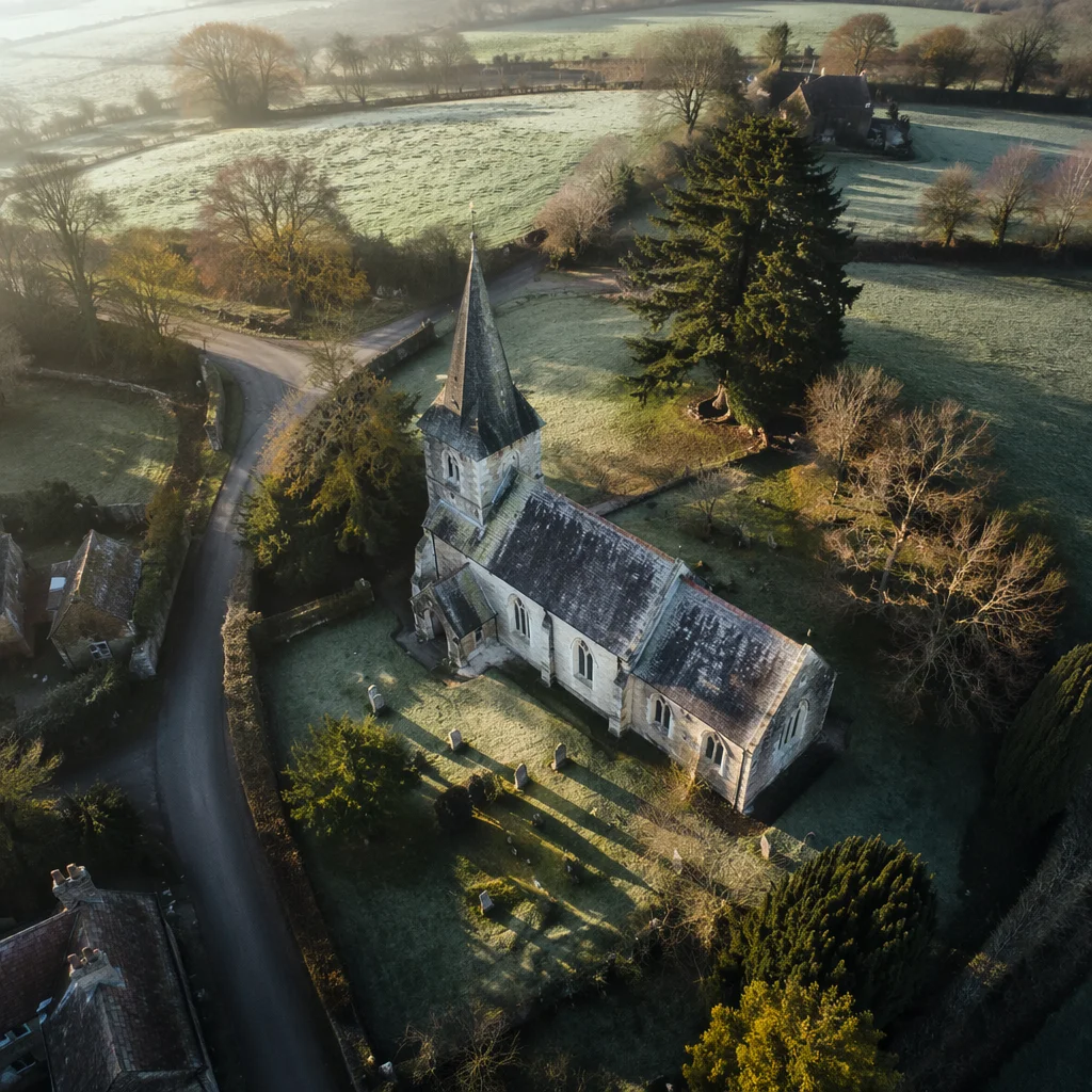 Aerial View of Countryside Stone Church