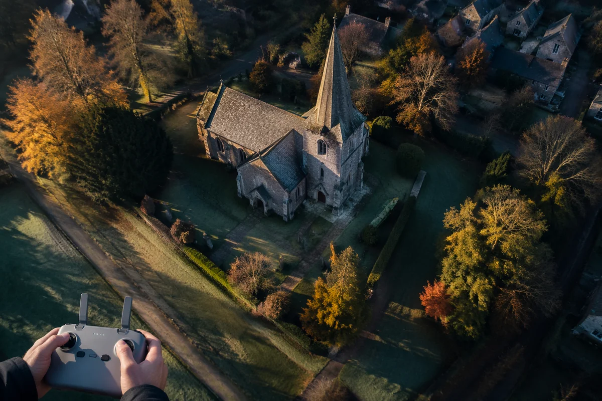 Aerial Drone View of Historic Stone Church
