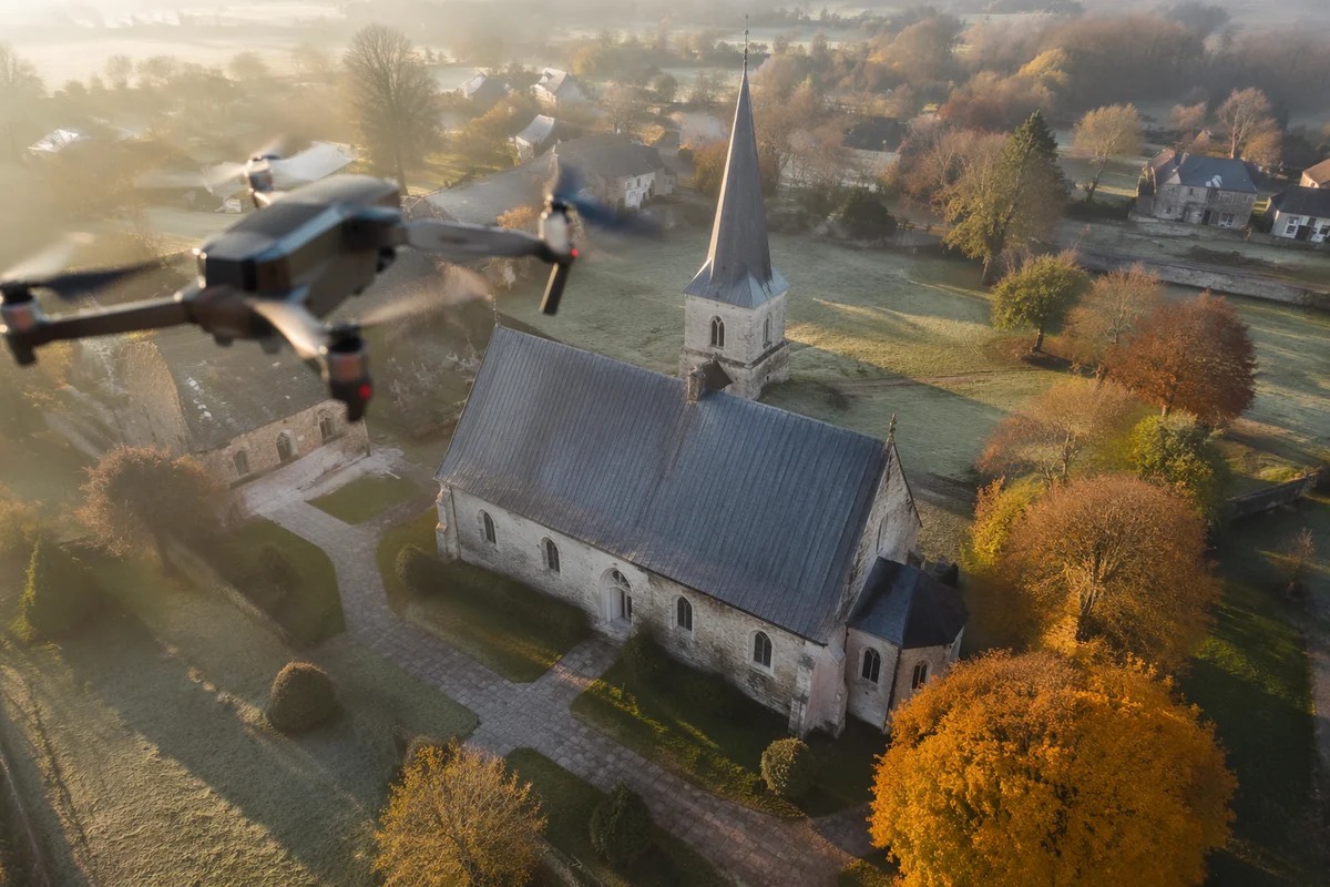 Drone Aerial View of Rural Historic Church