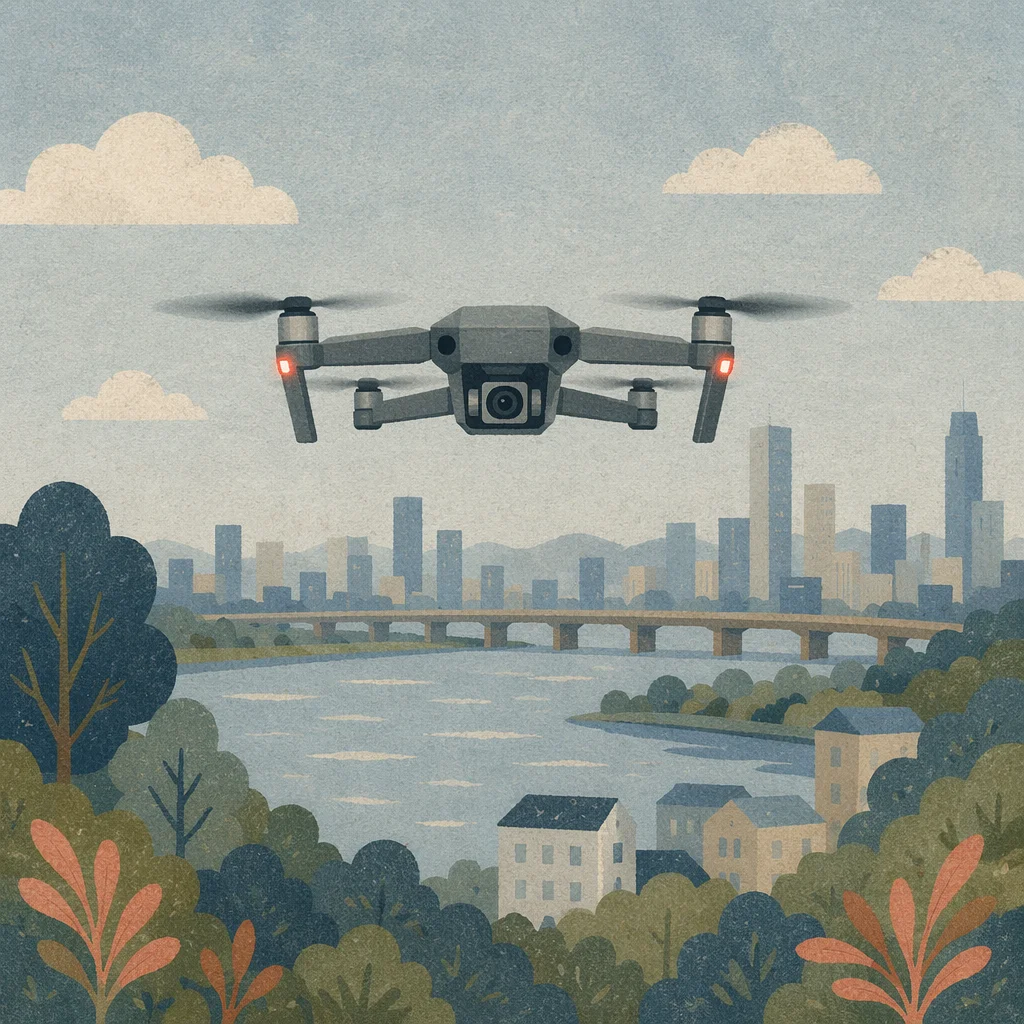 Drone Hovering Over Riverside Cityscape