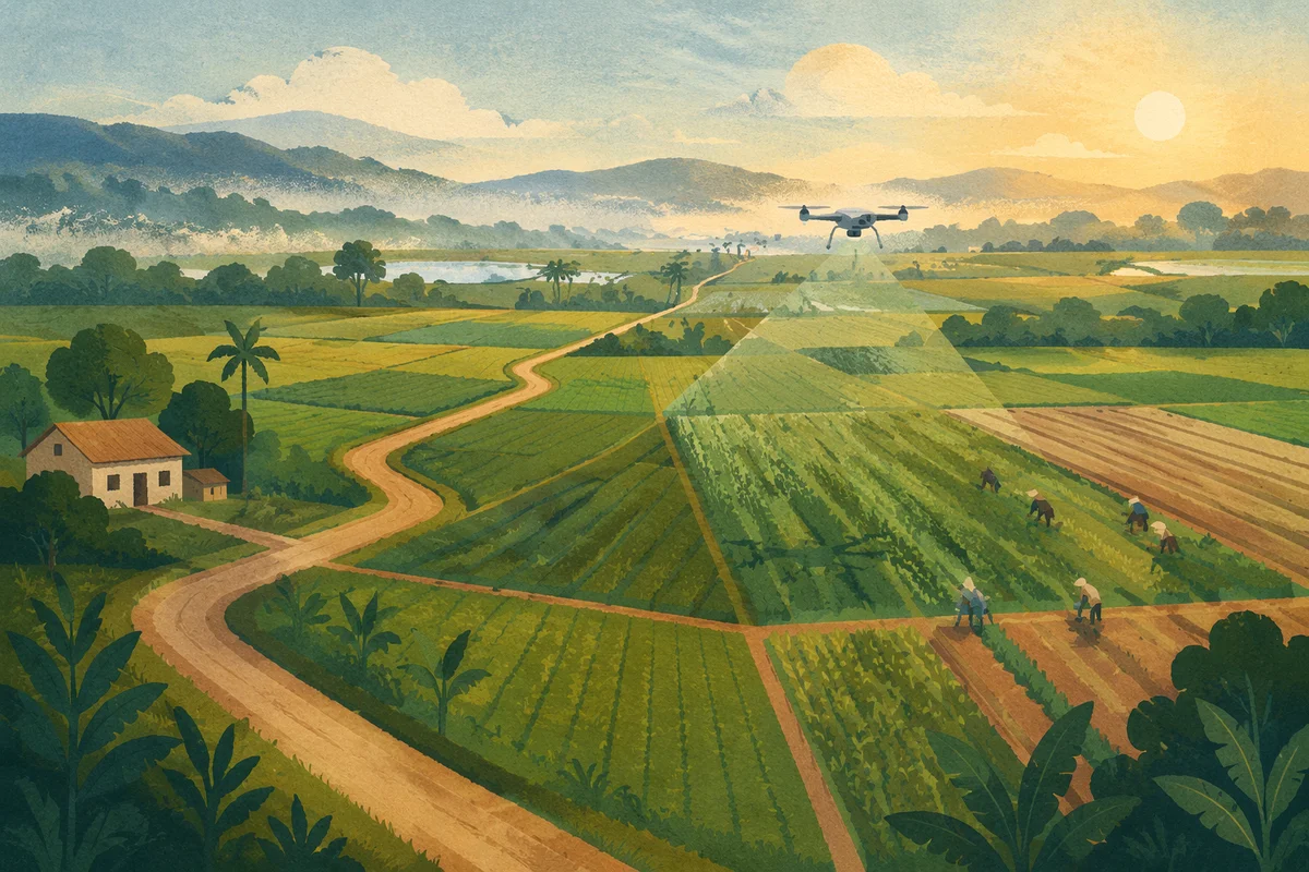 Drone Survey Over Misty Farmland