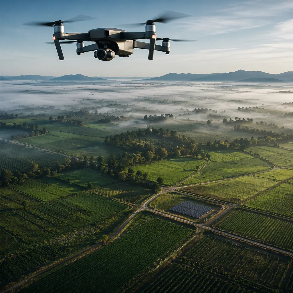 Drone Over Farmland at Morning Mist