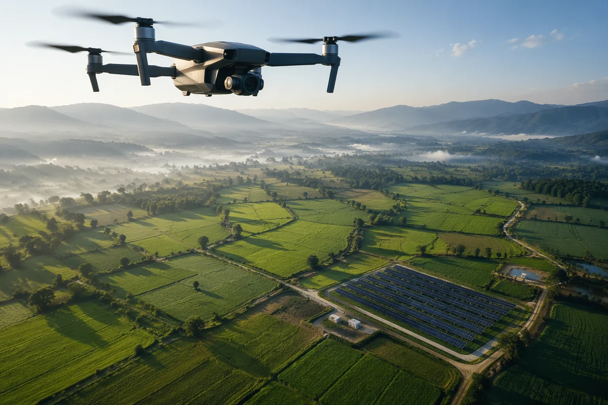 Drone Over Farmland at Sunrise