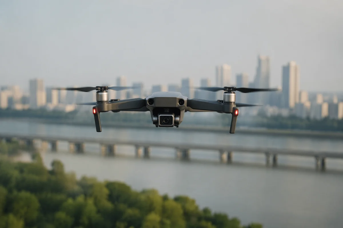 Hovering Drone Over Riverside City Skyline