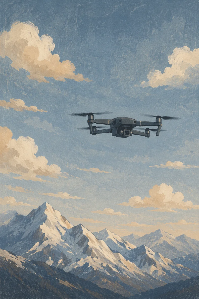 Drone Hovering Above Alpine Mountain Sky