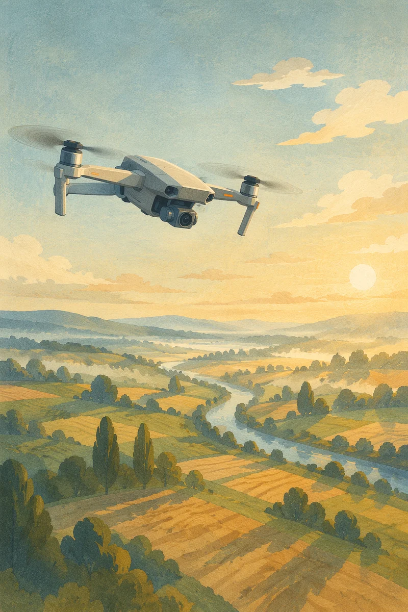 Drone Hovering Above Misty Rural Landscape