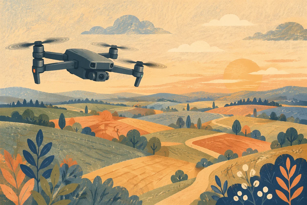 Drone Hovering Over Golden Rural Valley