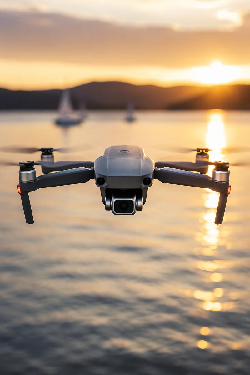 Drone Hovering Over Golden Hour Lake