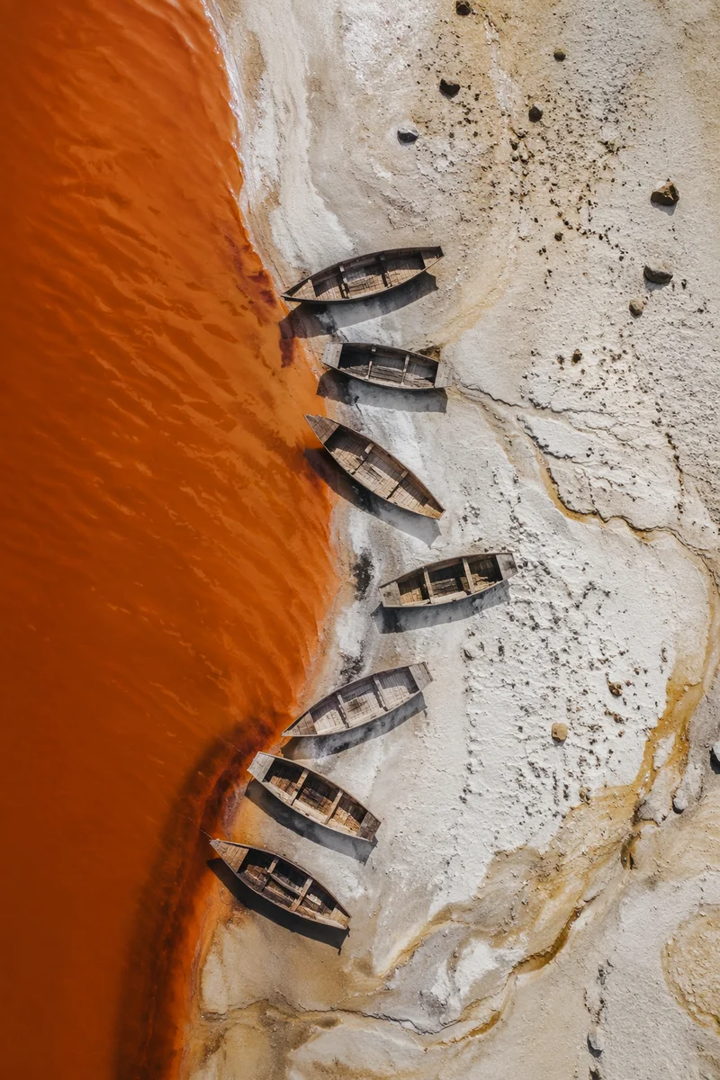 Drone Aerial Shoreline with Rust Orange Water