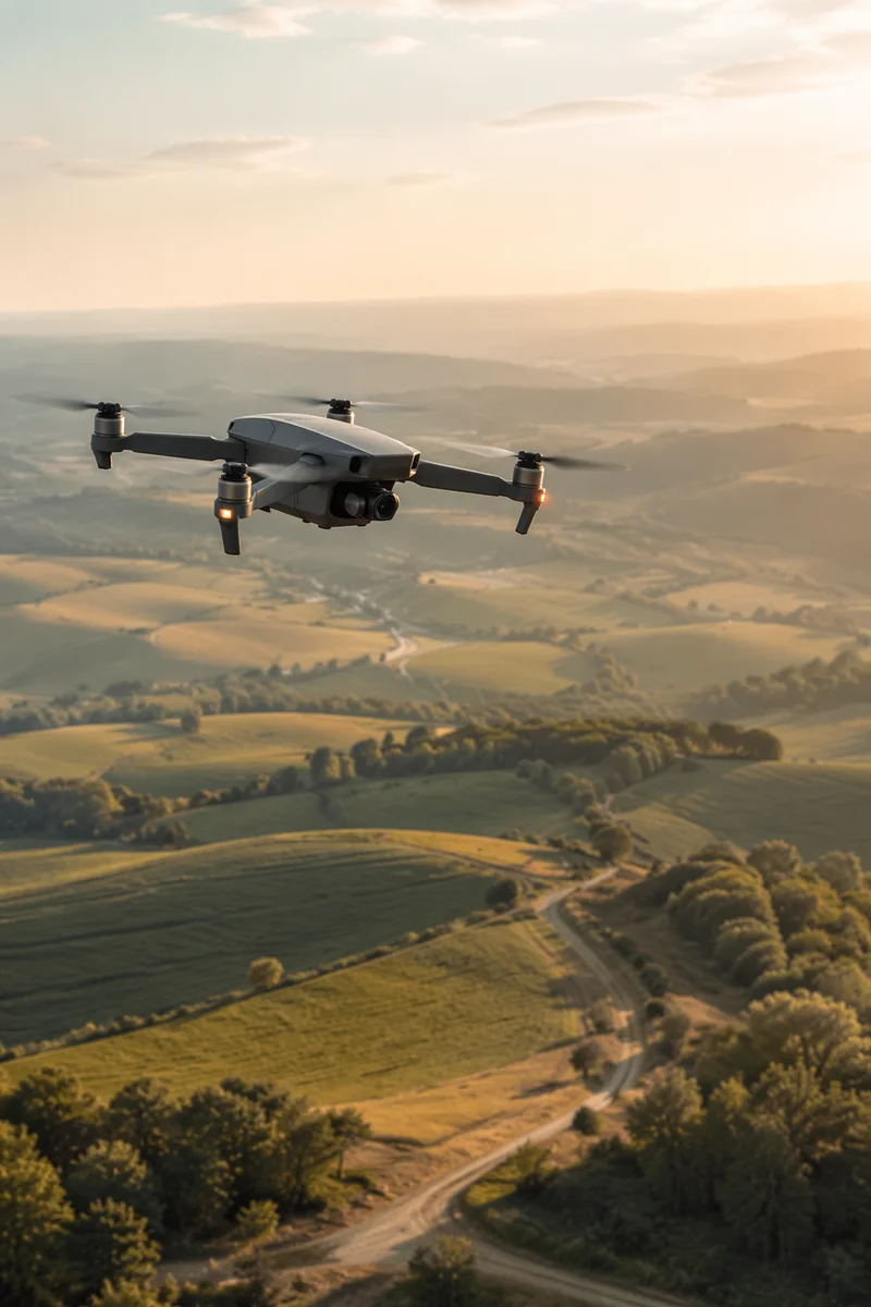 Drone Hovering Above Golden Rural Landscape