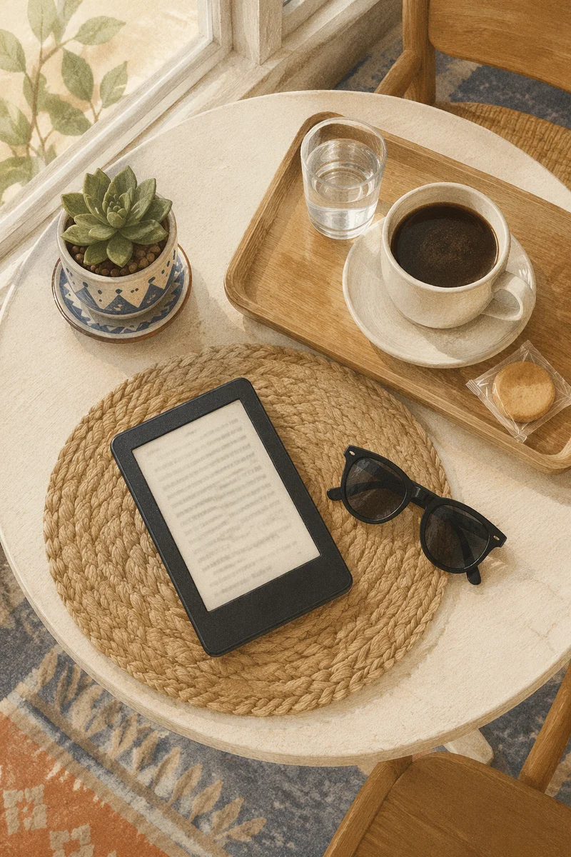Cozy Ebook Reader Coffee Table Flat Lay