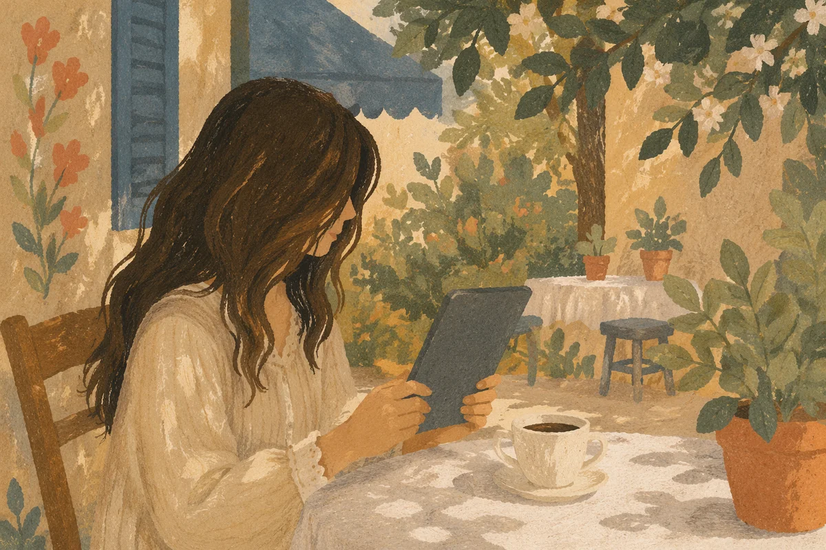 Peaceful Ebook Reading with Coffee Outdoors