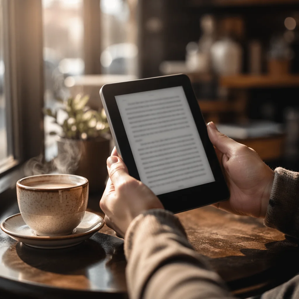 Morning Ebook Reader and Coffee Close-Up
