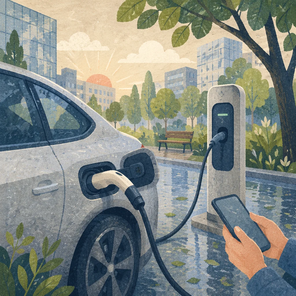 Green Electric Car Charging at Sunrise