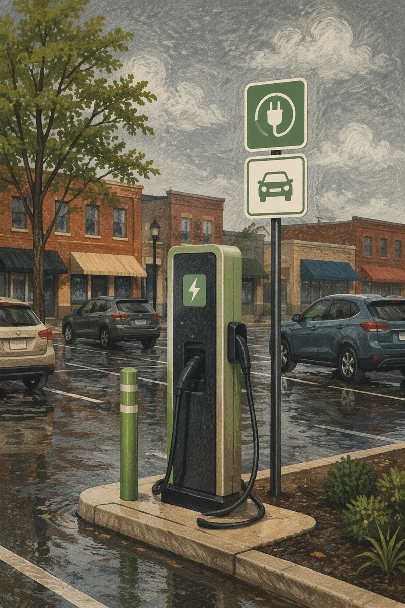 Green EV Charger in Rainy Urban Parking Lot