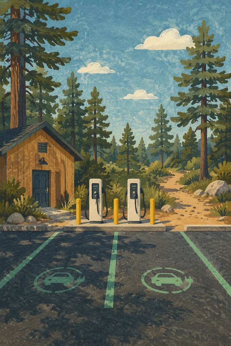 Green Electric Charging Station in Wooded Park