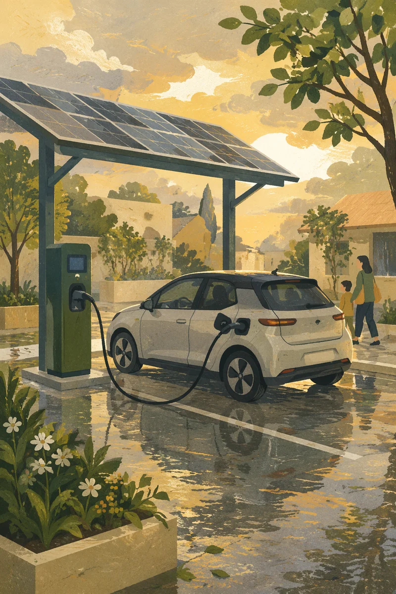 Green EV Charging Station at Golden Hour