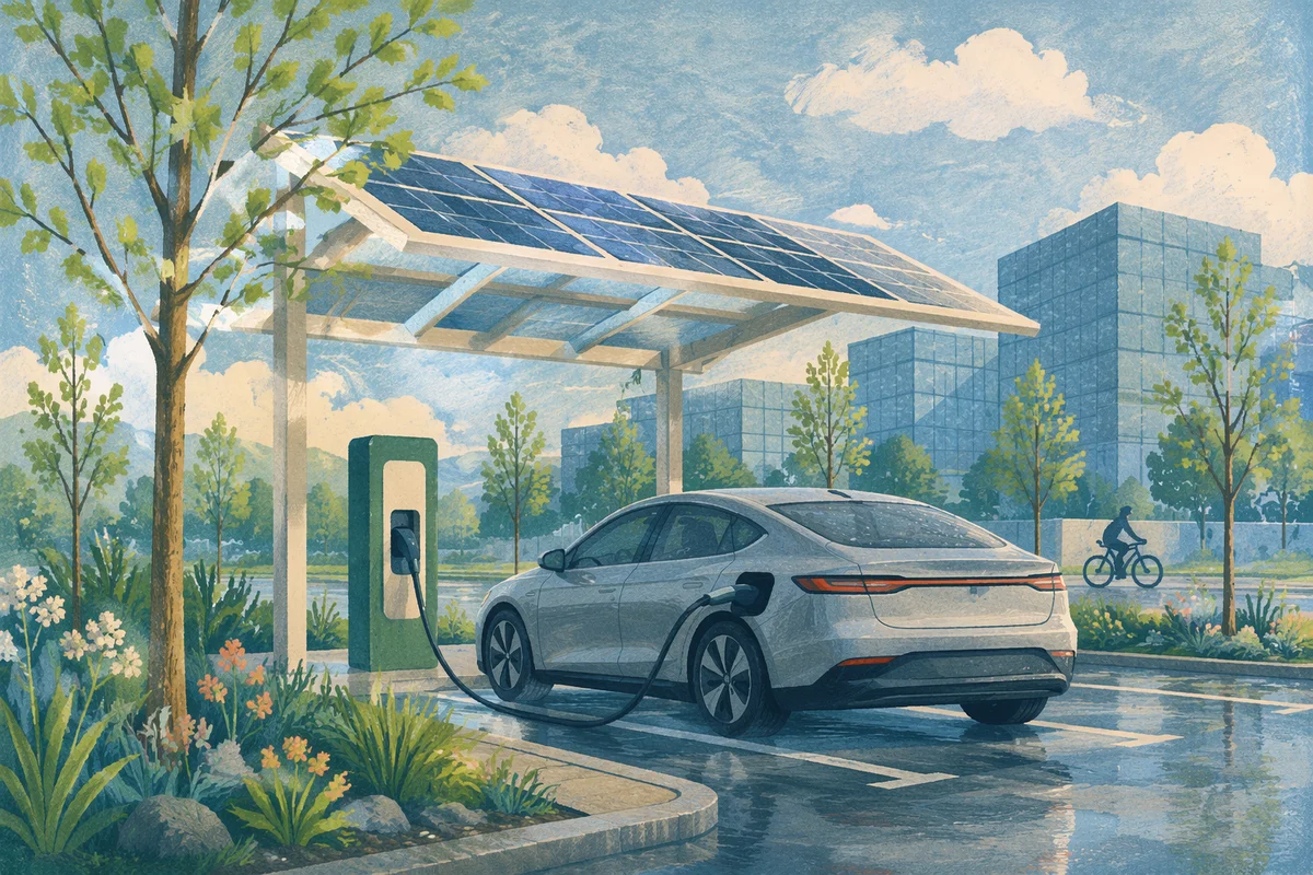 Green Electric Car Charging Under Solar Canopy