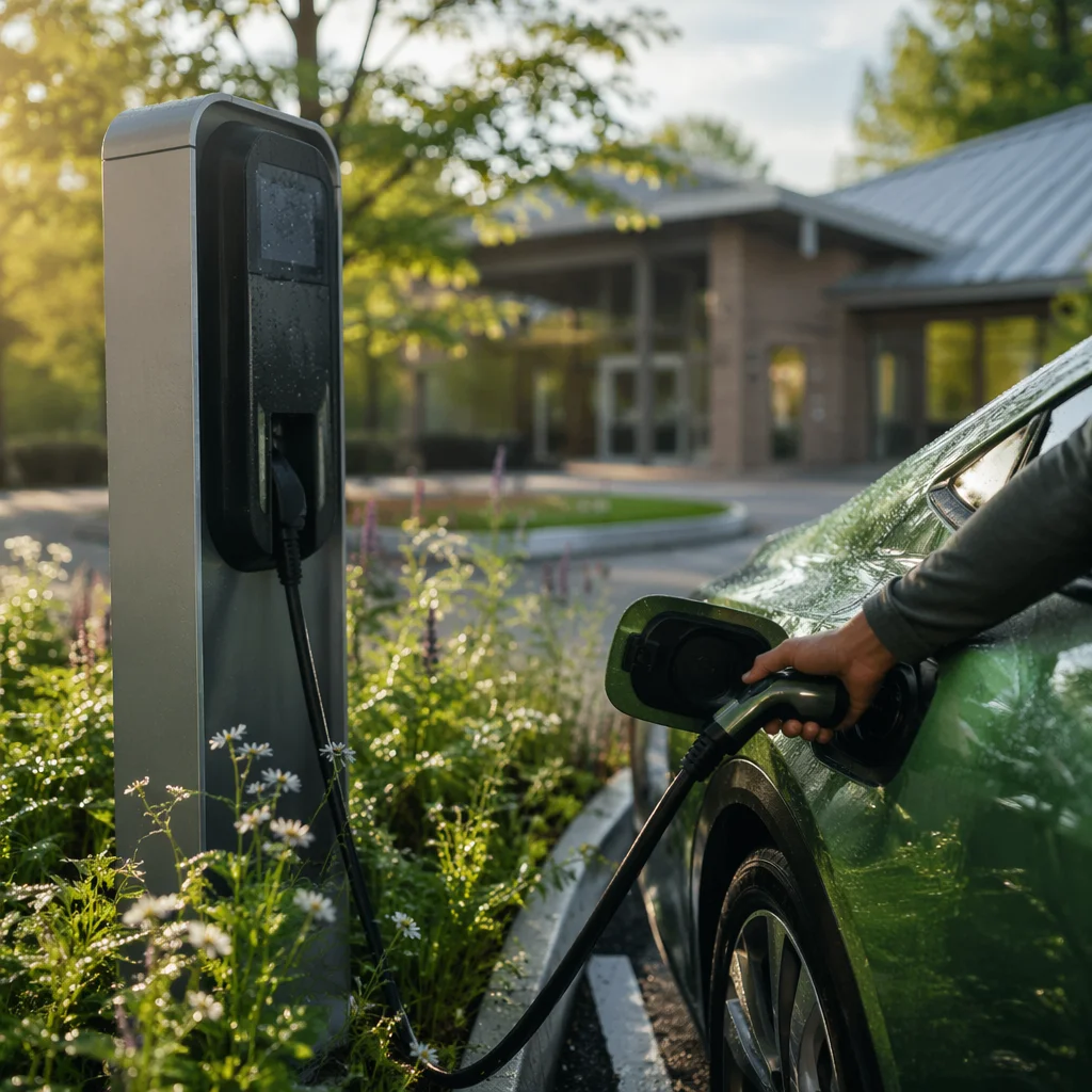 Green Electric Car Charging in Morning Light