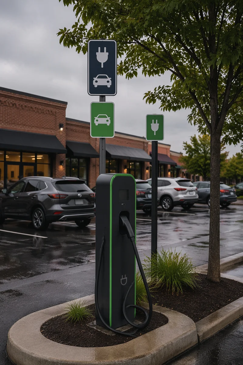 Green EV Charger in Rainy Urban Lot