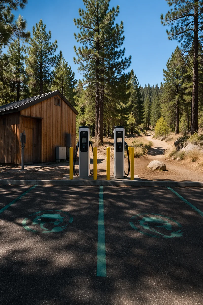 Green Electric Vehicle Chargers in Wooded Park
