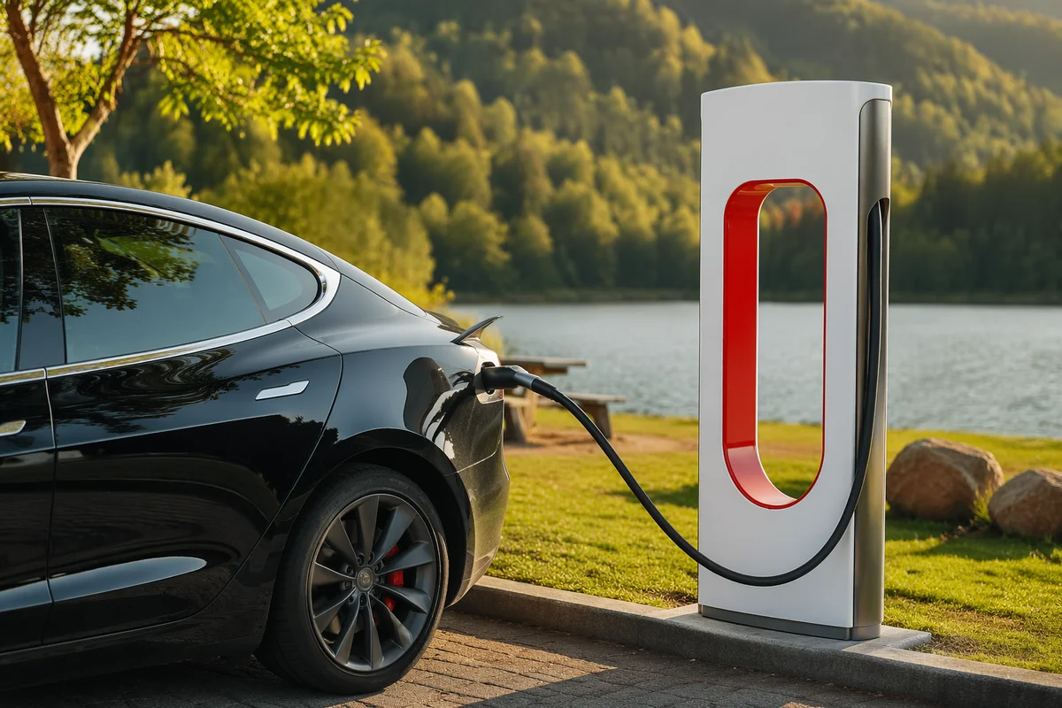 Green Electric Car Charging by Lakeside
