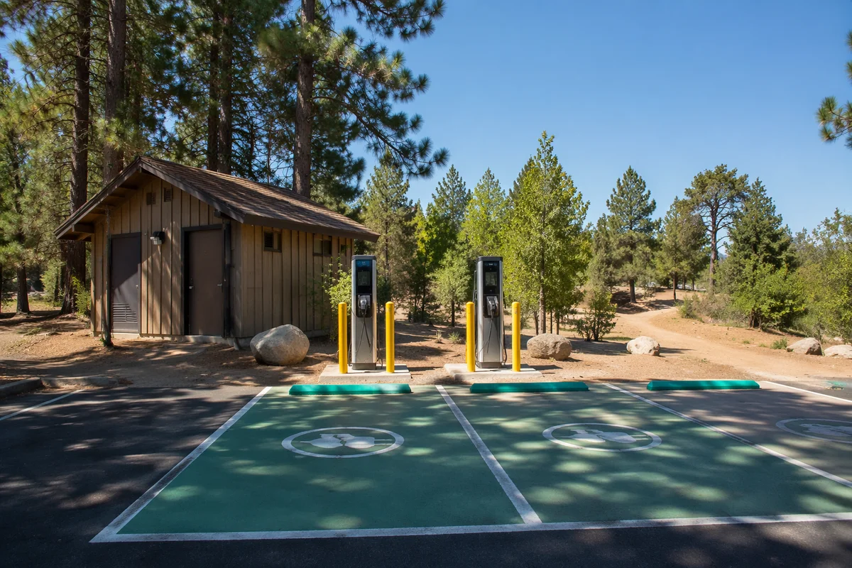 Green Electric Vehicle Charging in Wooded Park