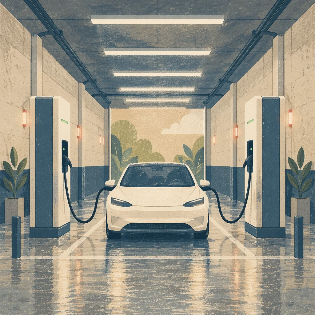 Electric Car Charging Bay with Green Energy Glow