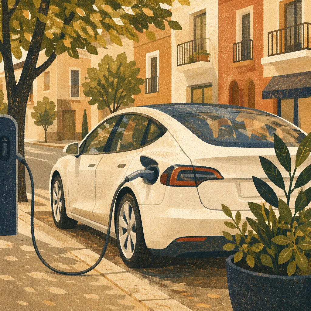 Urban Electric Car Charging at Sunset