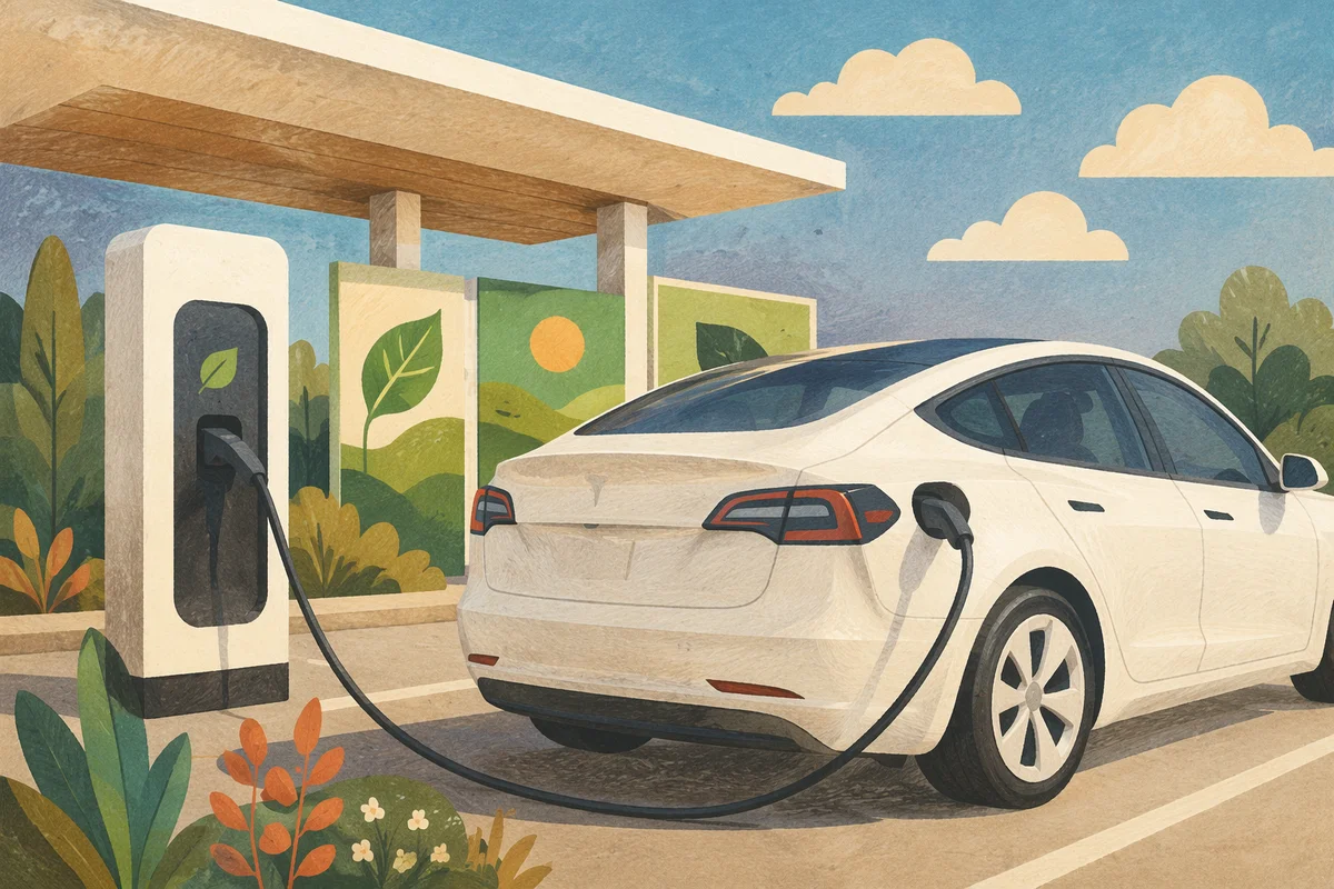 White Electric Car at Green Charging Station