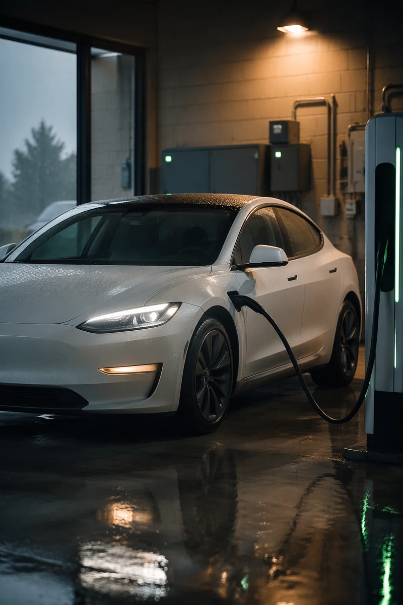 Electric Sedan Charging in Modern Green Energy Bay