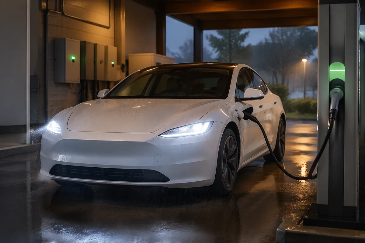 Electric Sedan Charging in Modern Green Energy Bay