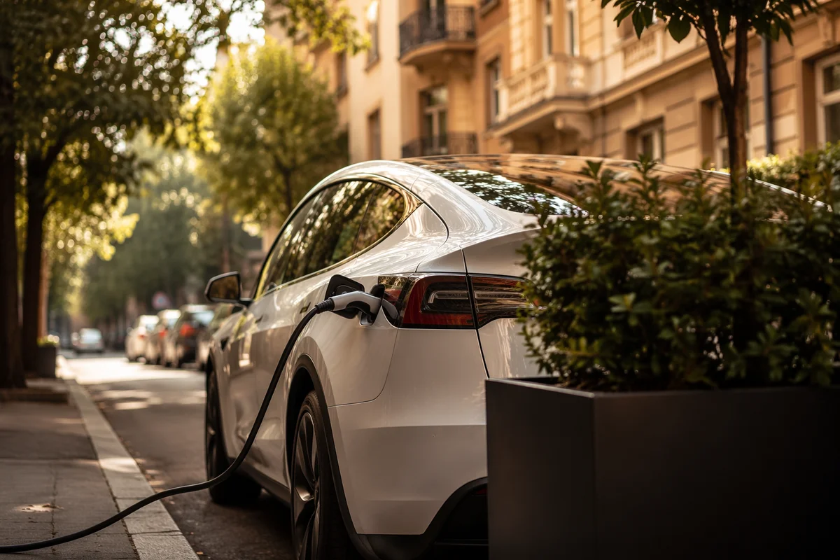 Urban Electric Car Charging at Sunset