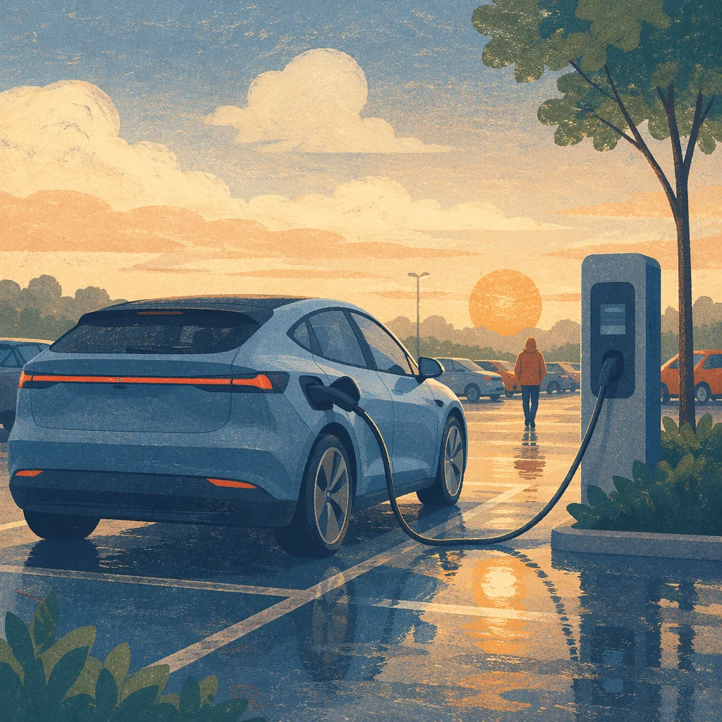Sunrise Electric Car Charging in Parking Lot