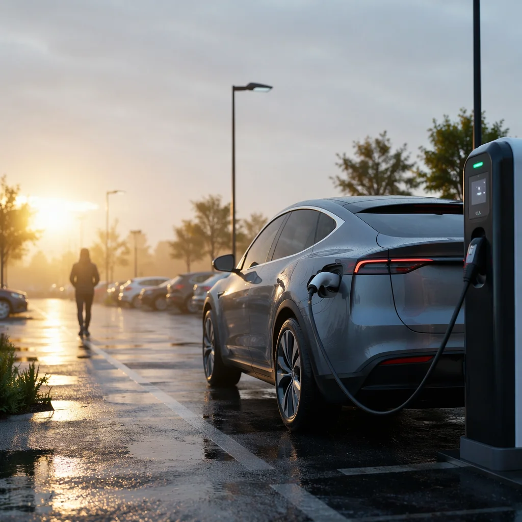 Sunrise Electric Car Charging in Parking Lot