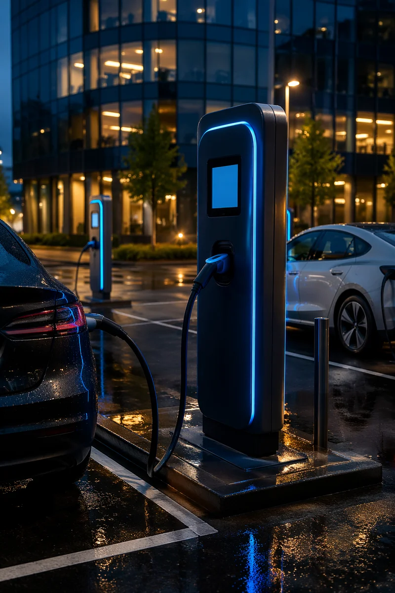 Electric Car Charging Lot at Blue Hour