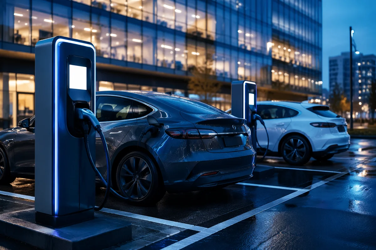 Blue Hour Electric Car Charging Lot