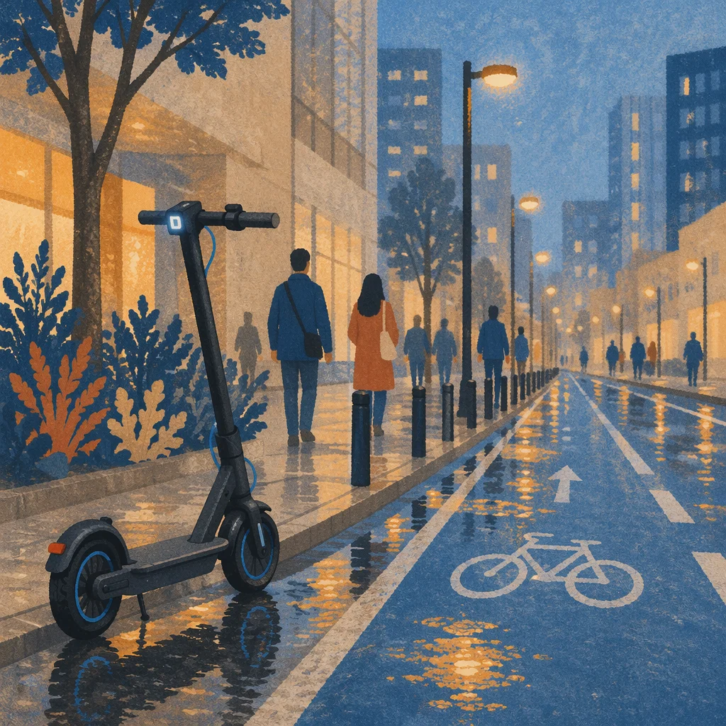 Electric Scooter on Rainy City Lane