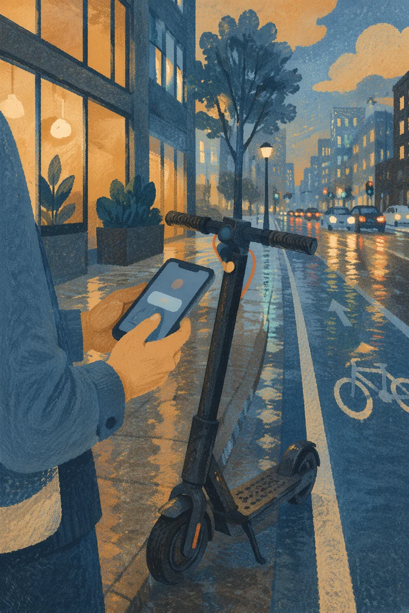 Electric Scooter on Rainy Modern Street
