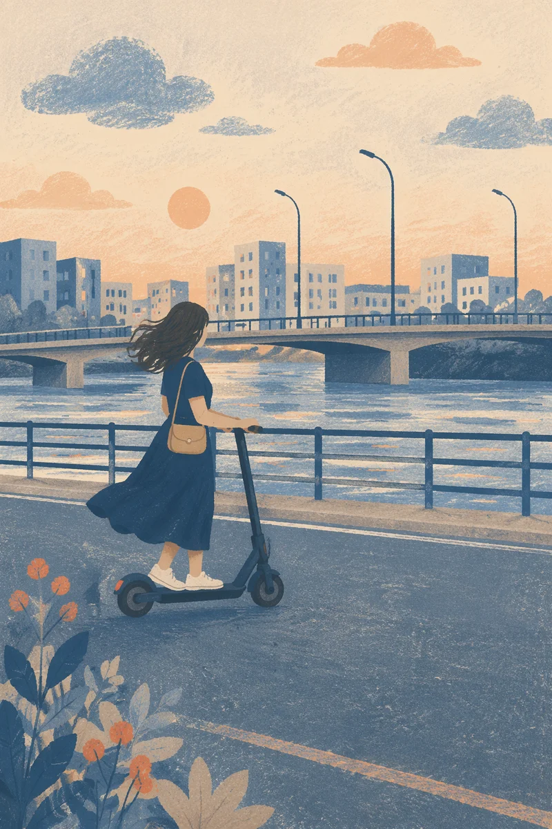 Electric Scooter Ride by Riverside Street