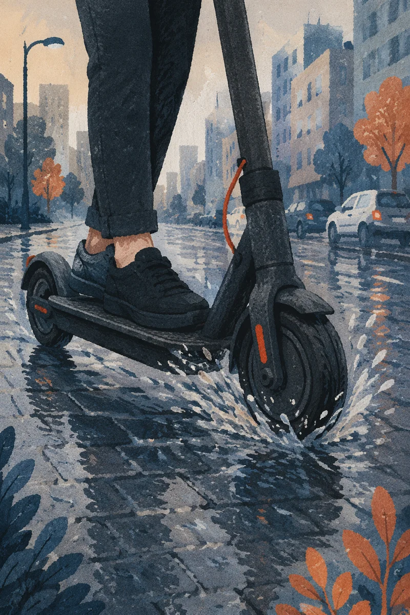 Electric Scooter Splashing Through Rainy City Street