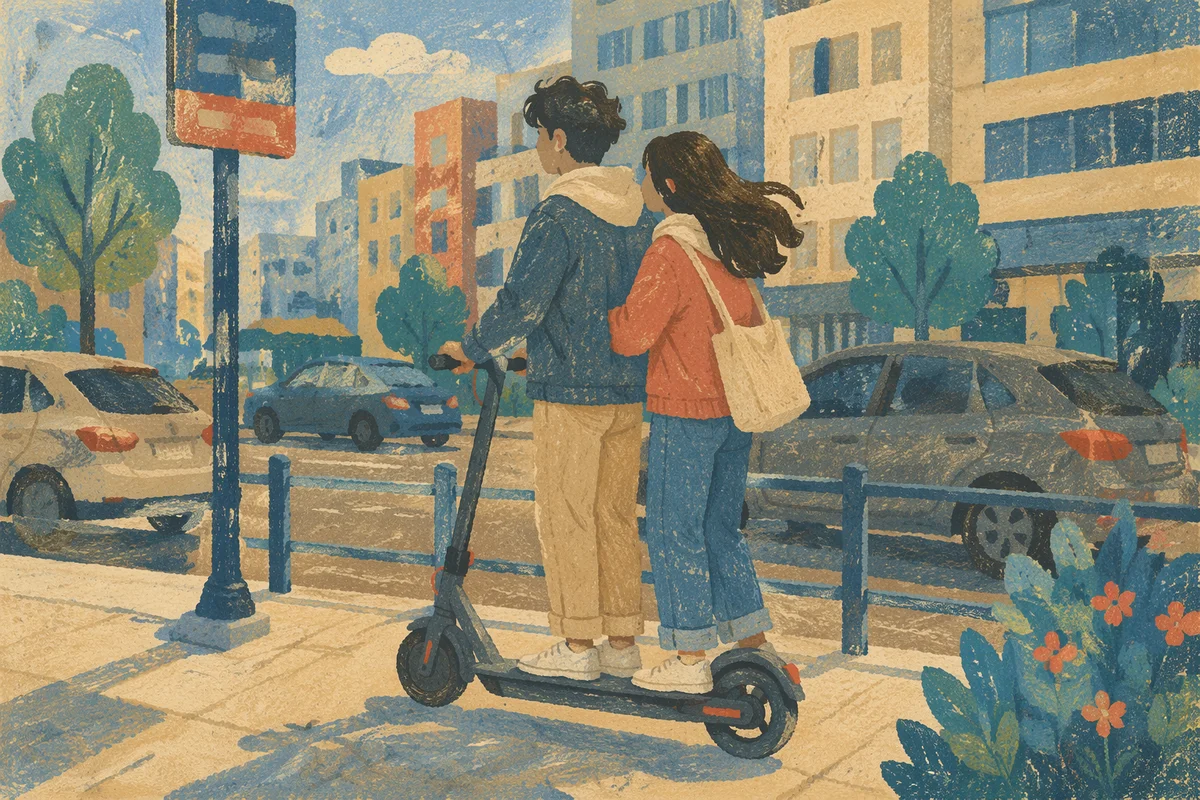 Urban Electric Scooter Ride at Sunset