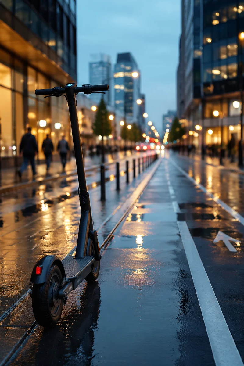 Electric Scooter on Rainy Modern Street
