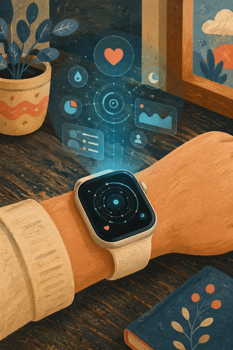 Futuristic Smartwatch Holographic Interface on Rustic Desk