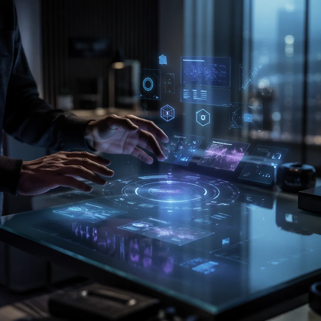 Hands Over Futuristic Holographic Interface