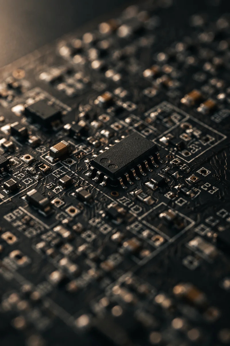 Macro Microchip Detail on Dark Circuit Board