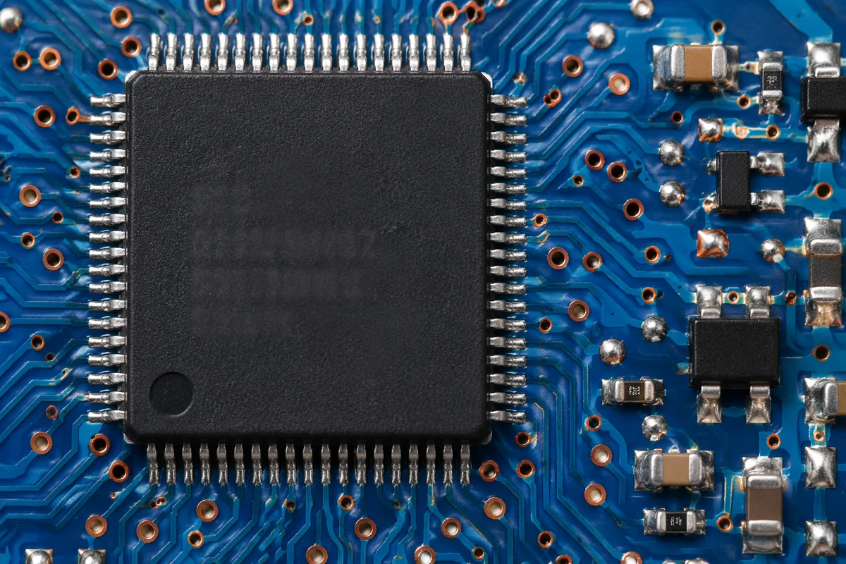 Macro Microchip on Blue Circuit Board