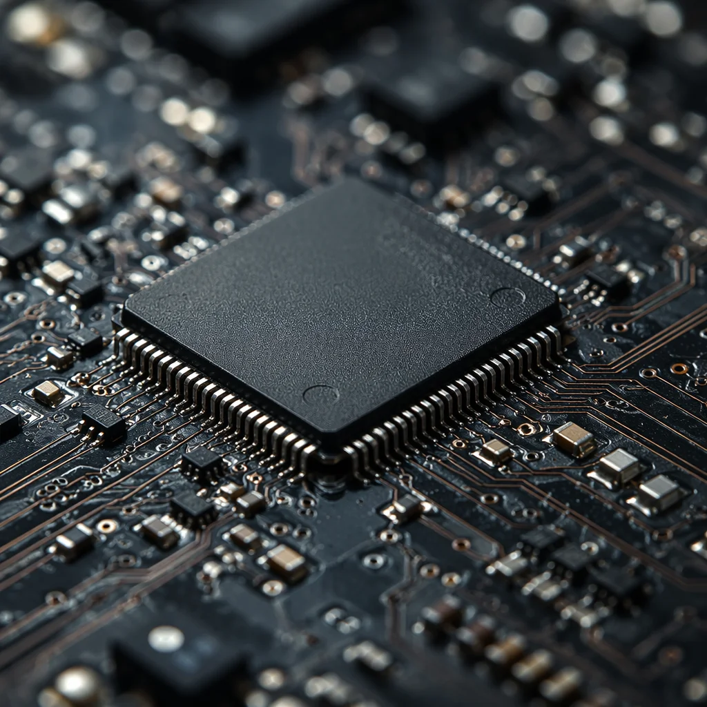 Macro Microchip on Dark Circuit Board