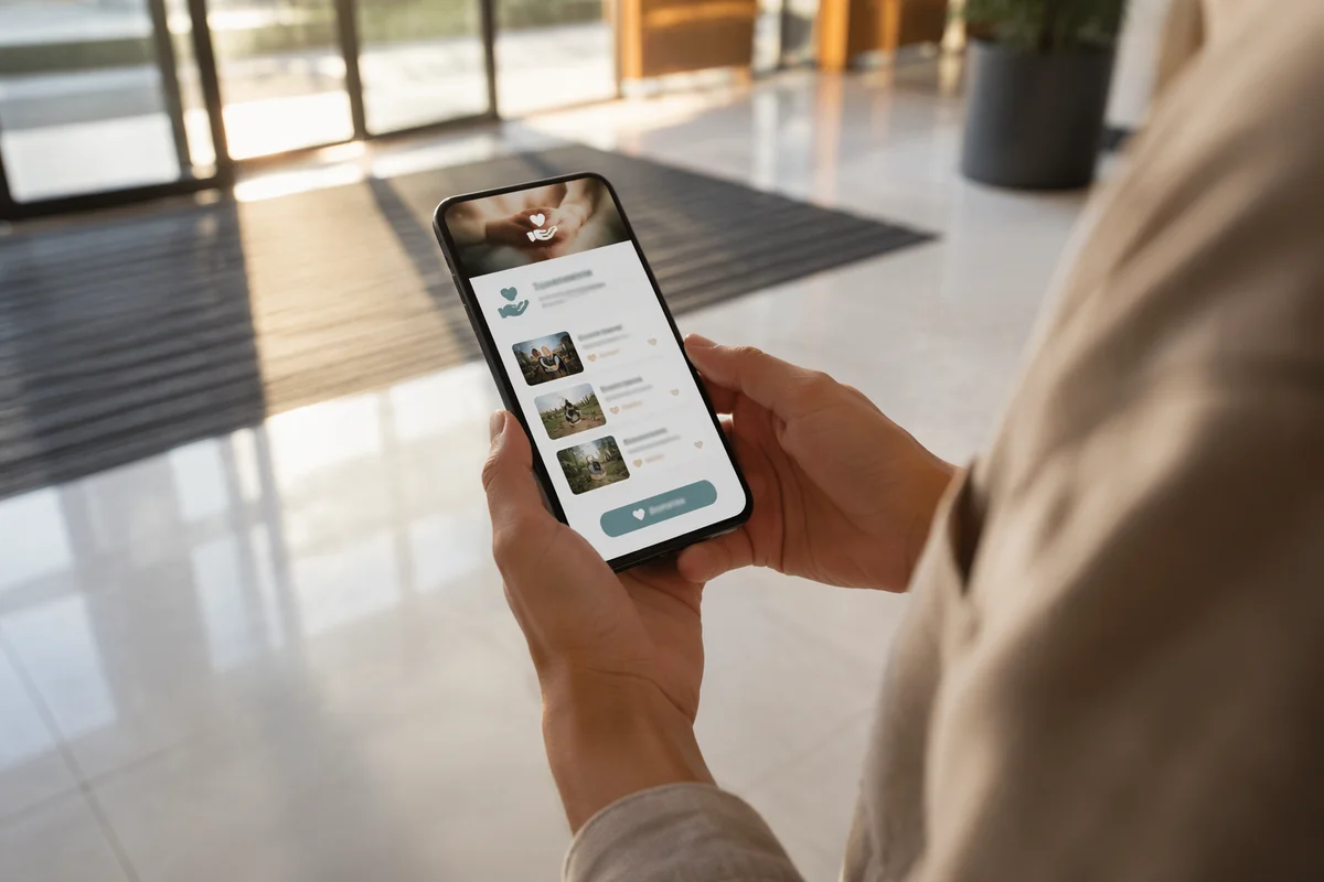 Online Giving App on Smartphone in Lobby